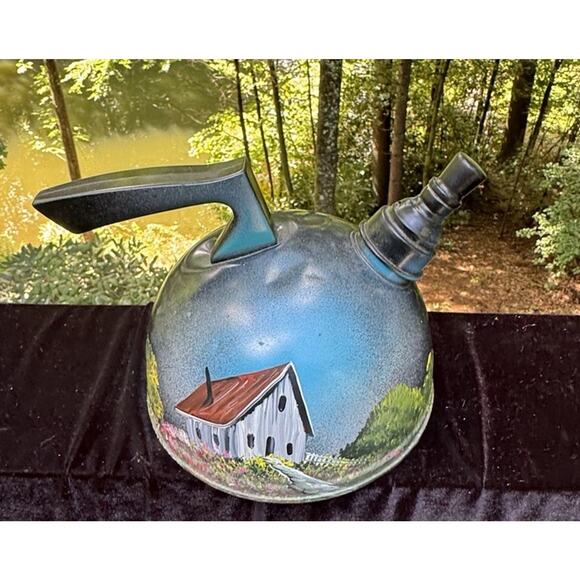 Beautifully Hand Painted Tea Kettle Pot Folk Art Farm Barn Rustic Bar Cave NC - Picture 1 of 12